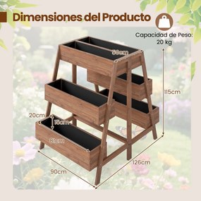 Floreira de jardim elevada de vários níveis em madeira com base de ripas e forro preto para interior e exterior castanho