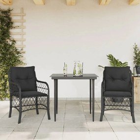 3 pcs conjunto de bistrô com almofadões vime PE preto