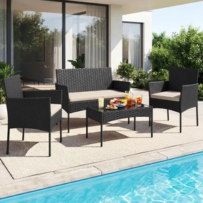 Conjunto de jardim em rattan de 4 peças, com 2 poltronas, sofá de 2 lugares, mesa auxiliar e almofadas de espuma, para alpendre, pátio ou terraço, Pre