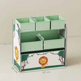 Móvel de arrumação infantil de 3 níveis 110 x 29,5 x 82  cm, estante para brinquedos com 6 caixas de tecido removíveis, verde