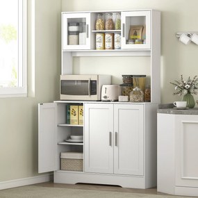 Armário de cozinha de estilo escandinavo 108 x 35 x 180 cm, compartimentos abertos, portas de vidro e bancada, branco