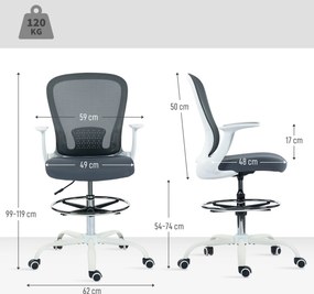 Cadeira de escritório ergonómica com apoio para os pés ajustável e braços rebatíveis, altura regulável, 59 x 62 x 99-119 cm, cinzenta