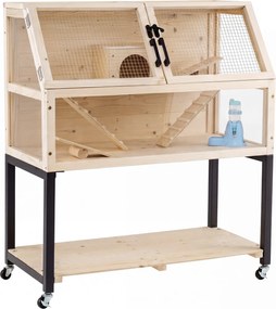 Jaula para Hamsters de Madeira, 87 x 42 x 101 cm, Dois Níveis, Natural