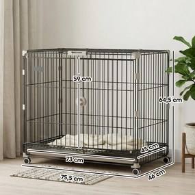 Gaiola dobrável para cães 75,5 x 46 x 64,5 cm, tabuleiro removível, rodas com travões, teto abrível com fecho de segurança, preta