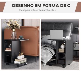 Mesa Auxiliar Moderna Mesa Auxiliar em Forma de C com Rodas e Prateleiras Abertas 45x35x58 cm Preto