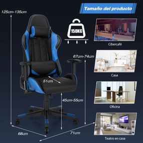 Cadeira giratória para gaming ergonómica para computador Reclinável Ajustável em estilo Carrera com almofada lombar Azul e preta