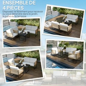 Conjunto de jardim de 4 peças com sofá de 2 lugares, 2 poltronas, 1 mesa de centro de vidro e almofadas – branco creme