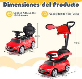 Andador Carro 3 em 1 para criança com barra de empurrar Capota ajustável Pedal e buzina para crianças de 18 a 36 meses Vermelho