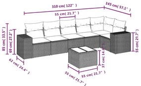 7 pcs conjunto de sofás jardim c/ almofadões vime PE castanho