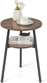 Mesa Auxiliar Redonda de 2 Níveis, 43 x 39 x 55 cm, Estrutura Metálica Robusta, Castanho
