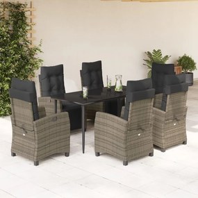 7 pcs conjunto de jantar p/ jardim c/ almofadões vime PE cinza