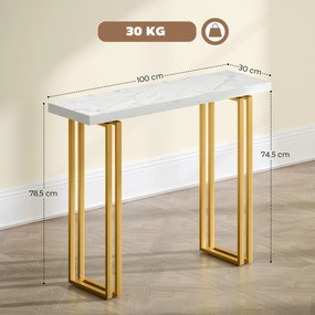 Mesa consola 100 x 30 x 78,5 cm, mesa de entrada, com tampo em imitação de mármore, estrutura em aço, branco e dourado