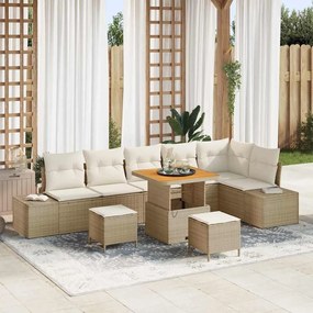 Conjunto de Sofá de Jardim vidaXL 9 Peças com Almofadas Bege Rattan Polimérico Acácia