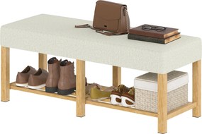 Banco entrada para sapatos 120 x 44 x 48 cm, banco com espaço de arrumação e assento almofadado, prateleira aberta, bege, efeito de madeira natural