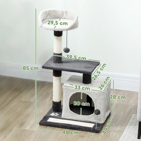 Arranhador para Gatos com Plataformas Caverna Postes Arranhadores Tapete de Sisal e Bolas 48x40x85 cm Cinzento Claro e Preto