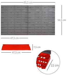 Estante de Parede com Sistema de Armazenamento 95,5x23x53,5cm Suporte para Ferramentas com 54 Peças 50 Ganchos para Oficina Garagens Vermelho e Cinza