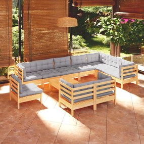 11pcs conjunto lounge de jardim + almofadões cinza pinho maciço