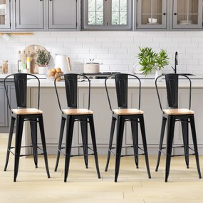 Conjunto de 4 bancos de bar com encosto e apoio para os pés, altura do assento 76 cm, metal preto, em imitação de madeira clara