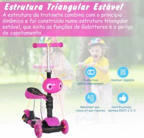 Trotinete 5 em 1 para Crianças com 3 Rodas Assento Removível e Guiador Ajustável Carga Máxima 50 kg 62x25x72,5 cm Rosa
