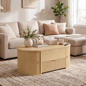 Mesa de Centro com Tampo Elevatório Oval Compartimento Oculto Gaveta Canelada Portas de Correr e Armários 100x50x40 cm Cor Carvalho