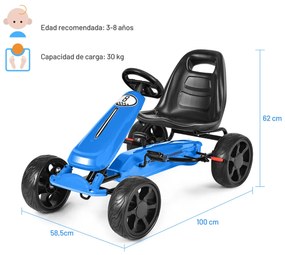 Kart pedais para crianças, condução ao ar livre com assento ajustável, embreagem, travão de mão azul