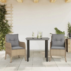 3 pcs conjunto de jantar p/ jardim com almofadões vime PE bege