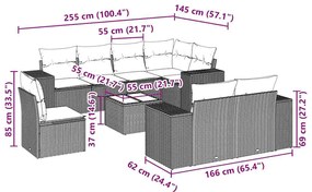 9 pcs conj. sofás jardim com almofadões vime PE cinzento-claro