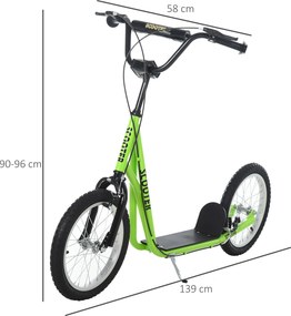 Trotinete com Guiador Ajustável 2 Pneus de Borracha Insufláveis com Travagem Dupla e Rodas 16" 139x58x90-96 cm Verde