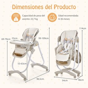 Cadeira alta dobrável para bebés com rodas Altura e reclinação Ajustável Apoio para os pés em 3 posições e tabuleiro duplo 96,5 x 55 x 99-109 cm Cinze