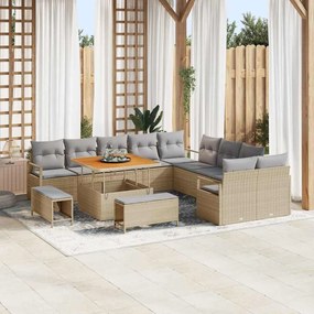 Conjunto de Sofás de Jardim vidaXL 13 Peças com Almofadas Bege Rattan Poliéster Acácia