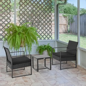 Conjunto de Jardim de Vime 3 Peças 1 Mesa 42,5x40x39 cm 2 Poltronas 63x57x76 cm Almofada Acolchoada para Pátio Varanda Preto