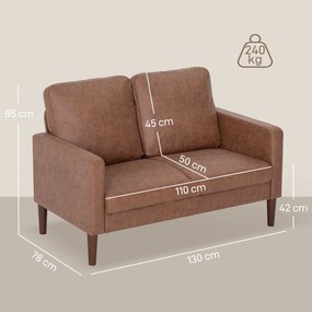 Sofá de 2 Lugares Estofado em Microfibra Sofá Moderno com Pés de Madeira Apoio de Braços 130x78x85 cm Castanho