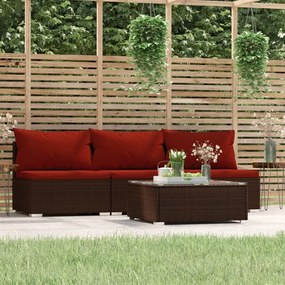 vidaXL 4 pcs conjunto lounge jardim c/ almofadões vime PE castanho