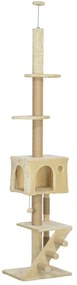 PawHut Arranhador para Gatos do Chão ao Teto de 225-265 cm com Altura Ajustável Múltiplas Plataformas Escada Bola Suspensa Bege