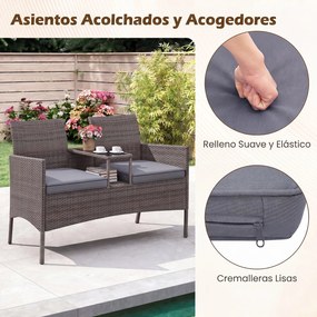 Banco jardim de rattan com mesinha para 2 pessoas em vidro temperado 62 x 124 x 84 cm, estante aberta, estrutura metálica, almofadas e capas laváveis,