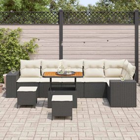 Conjunto de Sofá de Jardim 9 Peças com Almofadas Preto Poliratan Acáci
