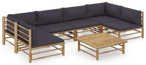 7 pcs conj. lounge jardim em bambu c/ almofadões cinza-escuro