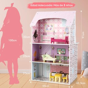 Casa de Bonecas e Cozinha 2 em 1 para Meninos e Meninas com Conjunto de Móveis e Acessórios Brinquedo de Cozinha Realista 55 x 42,5 x 91 cm Rosa
