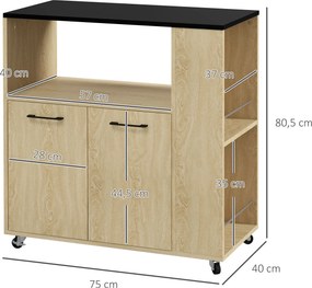 Carrinho de Cozinha com Rodas 2 Portas Prateleira Ajustável Porta-Especiarias para Sala de Jantar 75x40x80,5 cm Madeira
