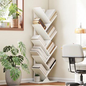 Estante em Forma de Árvore de 9 Níveis Estante de Livros com 9 Prateleiras e Estrutura de Aço 50x24x136 cm Branco
