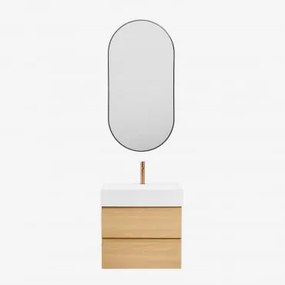 Conjunto De Móvel De Casa De Banho Em Madeira E Chapa De Freixo Com Lavatório Integrado Ona Madeira Natural & Ovale Led E Antifog Preto - Sklum