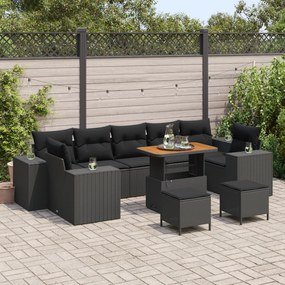 Conjunto de Sofá de Jardim vidaXL com Almofadas Preto Rattan Poliéster