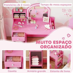Toucador de Maquilhagem Infantil com Banquinho e Espelho com Luzes LED 1 Gaveta Armário e 5 Prateleiras Rosa