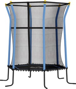 Trampolim infantil Ø 1,63 x 1,9 m com rede de segurança, porta com fecho de correr e 6 postes almofadados incluídos, azul e preto