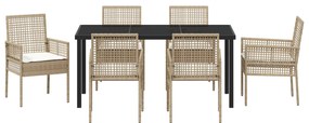Conjunto de Jantar com 7 Peças e Almofadas Bege Rattan Sintético