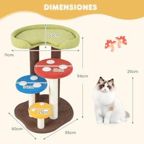 Arranhador para gatos 3 em 1 em forma de torre de 5 níveis com 3 postes de sisalTapete com plataformas amovíveis multicoloridas