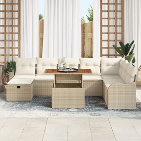 Conjunto de Sofá de Jardim com 9 Peças e Almofadas Bege Rattan Poliést