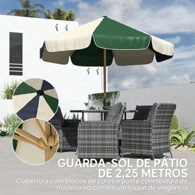 Guarda-sol de Jardim com Corda Proteção Solar UPF30+ Estilo Retrô Efeito Madeira com Babados Inclinável Ø226 cm Creme e Verde