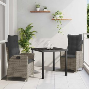 vidaXL Conjunto de Jantar para Jardim de 3 Peças com Almofadas Cinzas de Vime Poliéster