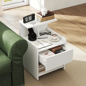 Mesa de Cabeceira 40x40x60 cm com Estação de Carregamento e Portas USB Gaveta e Prateleiras Abertas Branco